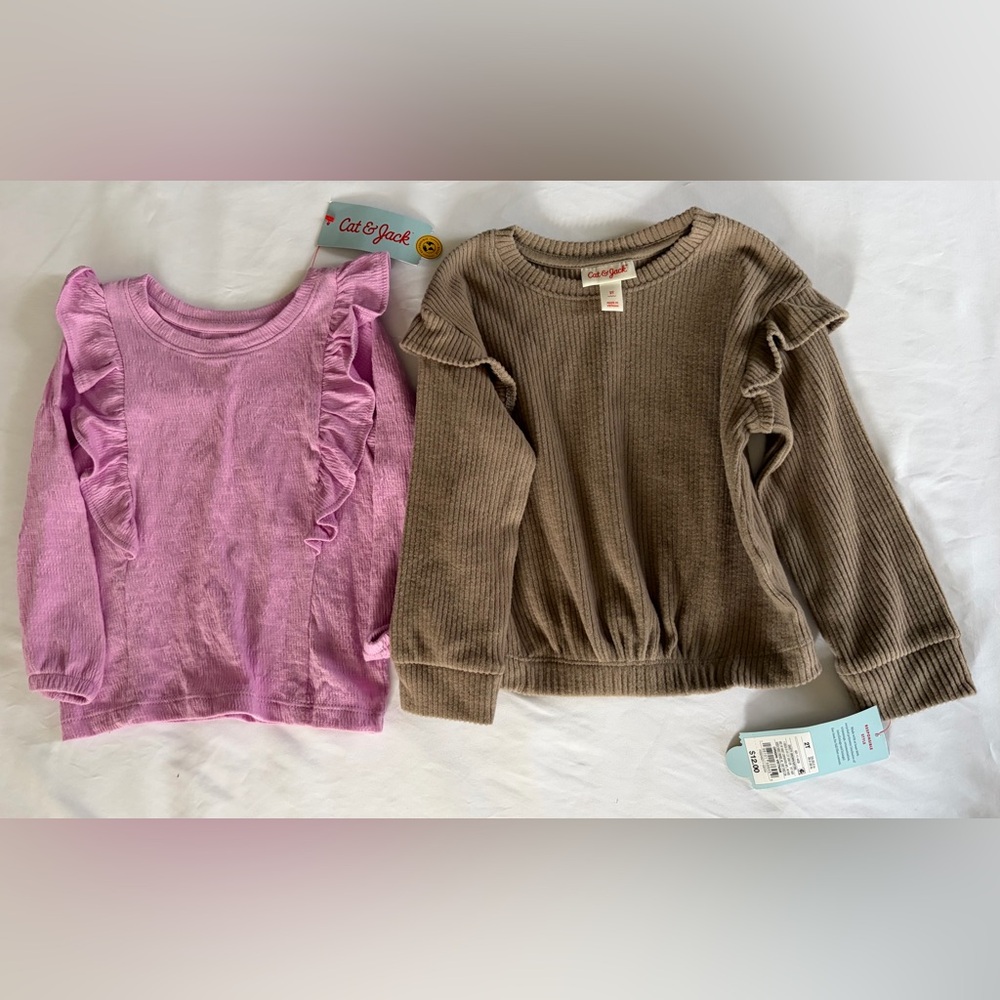 2T Girls Bundle 2 Tops Pink Ruffle + Tan Ribbed NWT